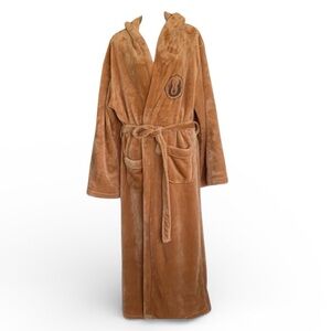 PLUSH ROBE in yummy butterscotch, embroidered crest, regal bell sleeves. M
